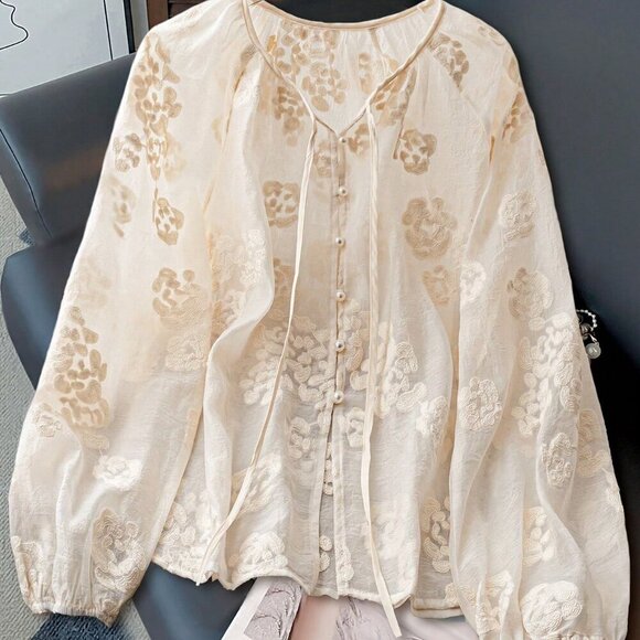 Apricot Casual Women's Button-Down Long Sleeve Semi-Sheer Blouse - Picture 1 of 4